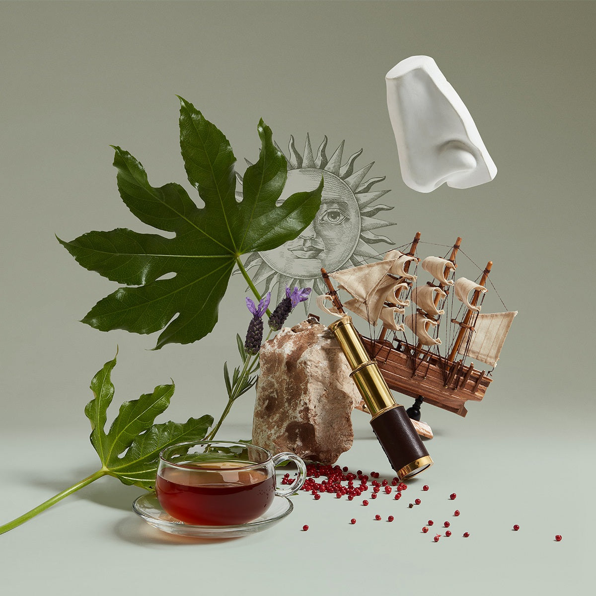 Tea cup with leaves, ship model, and other objects on a neutral background