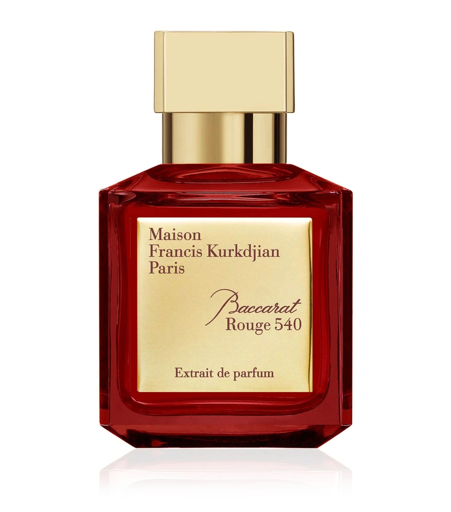 A red glass bottle of Maison Francis Kurkdjian Baccarat Rouge 540 Extrait de Parfum with a gold-colored cap.