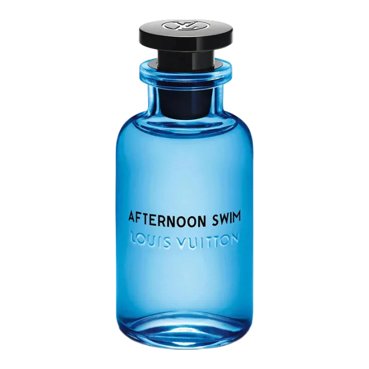 A blue glass bottle of Louis Vuitton Afternoon Swim eau de parfum with a black cap and white labeling.