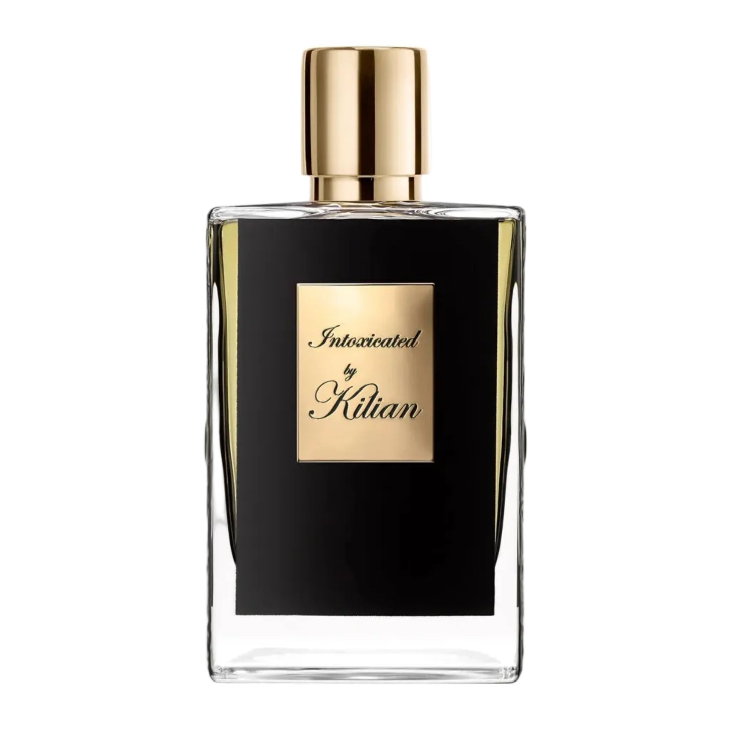 A bottle of Kilian Intoxicated Eau De Parfum with a black label and gold cap.