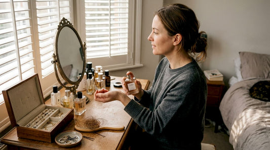 Woman applying perfume at home dressing table