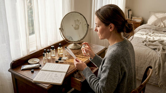 Woman layering perfumes at a bedroom vanity