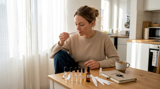 Woman examining fragrance samples at home