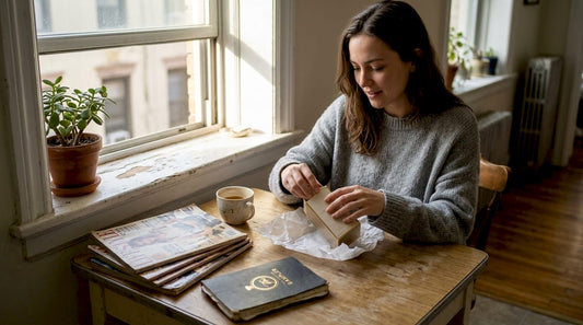 Woman unboxing limited edition perfume at kitchen table