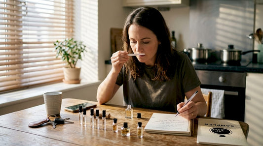 Woman sampling perfumes at home kitchen table