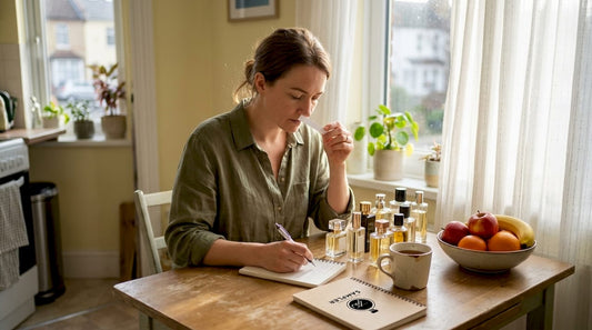 Woman sampling perfumes in home kitchen
