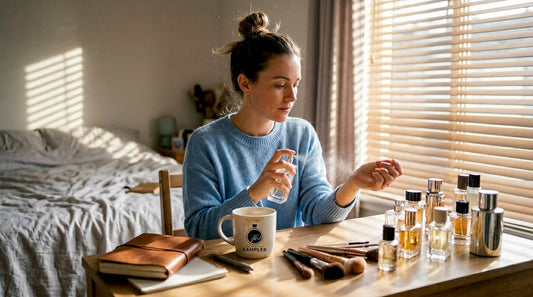 Woman applying perfume at home vanity