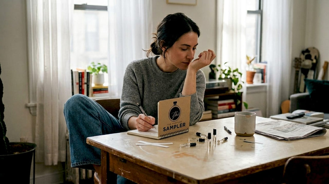 Woman testing perfume sample at dining table