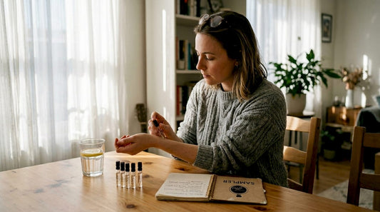 Woman testing fragrance samples at home table