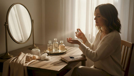Woman applying perfume at bedroom vanity table