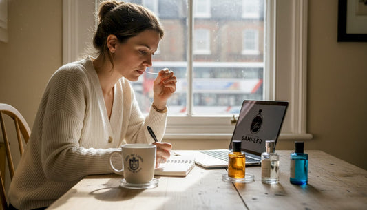 Perfume reviewer taking notes at kitchen table