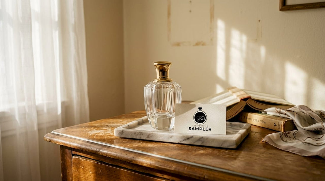 Crystal fragrance bottle on worn dresser