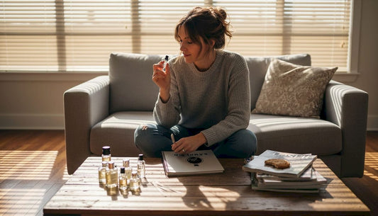 Woman reviews fragrances in lived-in living room