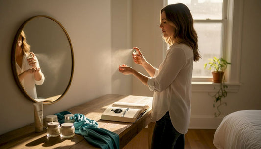 Woman applying perfume at bedroom vanity