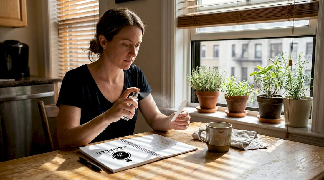 Woman testing fragrance at kitchen table