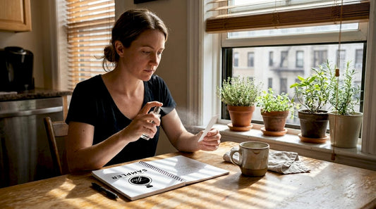 Woman testing fragrance at kitchen table