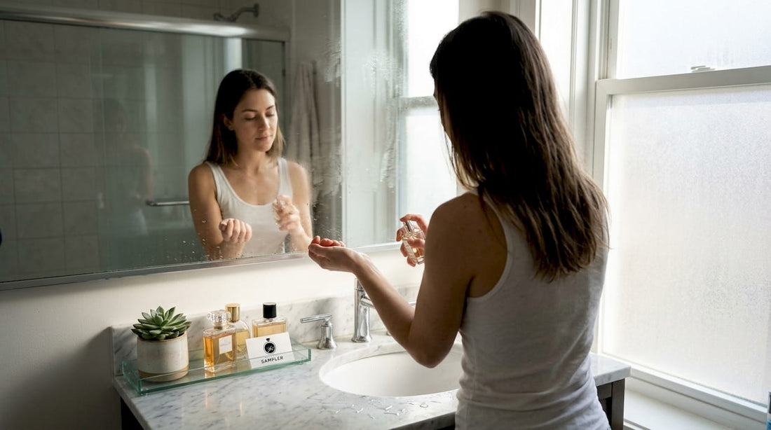 Woman spraying perfume in sunlit bathroom