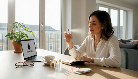 Woman testing perfumes at dining table workspace