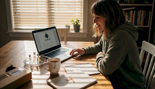 Woman browsing fragrance forum at kitchen table