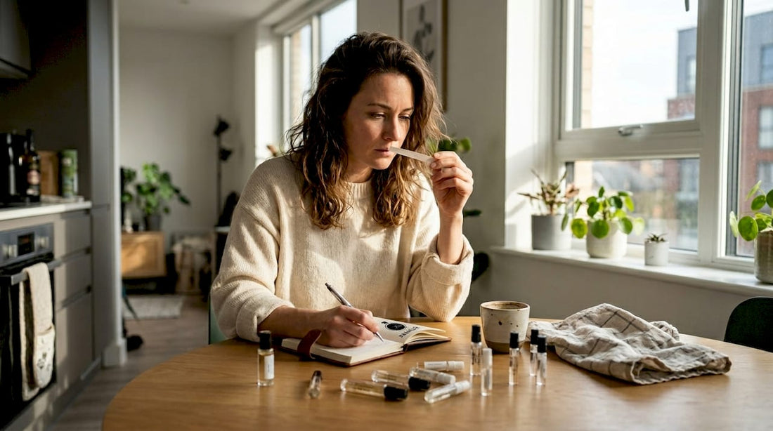 Woman testing luxury fragrance at kitchen table