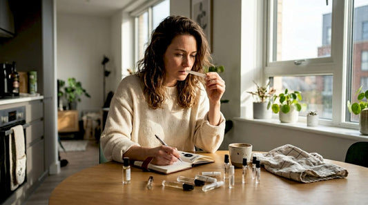 Woman testing luxury fragrance at kitchen table