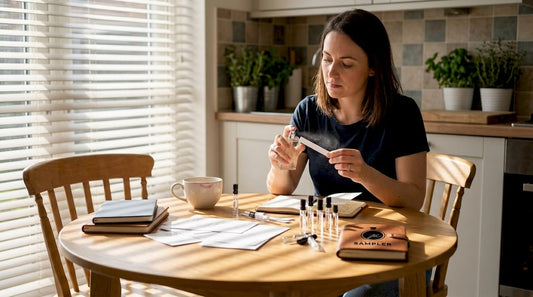 Woman testing perfumes at kitchen table