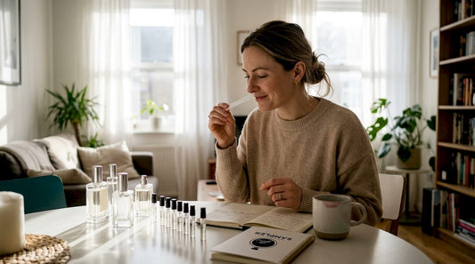 Woman testing perfumes at home table
