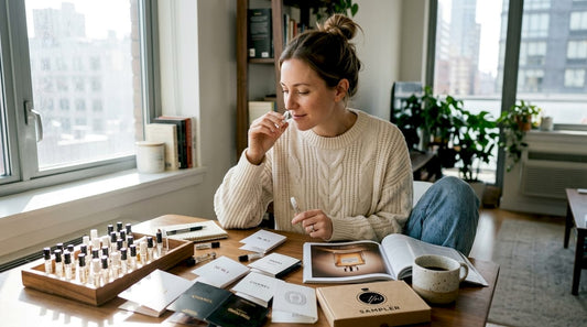 Woman sampling luxury scents at home table
