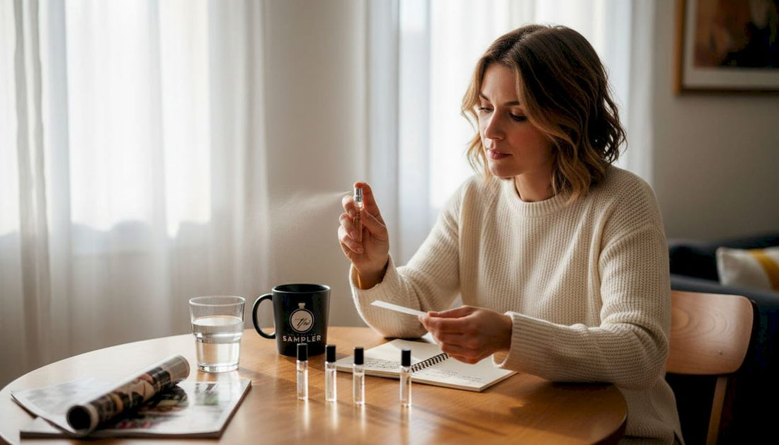 Woman sampling niche perfumes at home