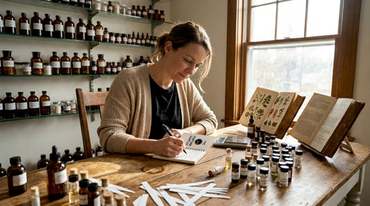 Perfumery expert evaluating scent samples in studio