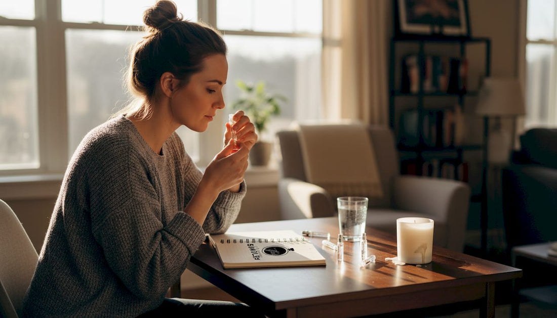 Woman testing fragrance samples at home desk