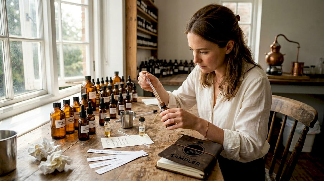 Perfumer measuring oils in natural-light workspace