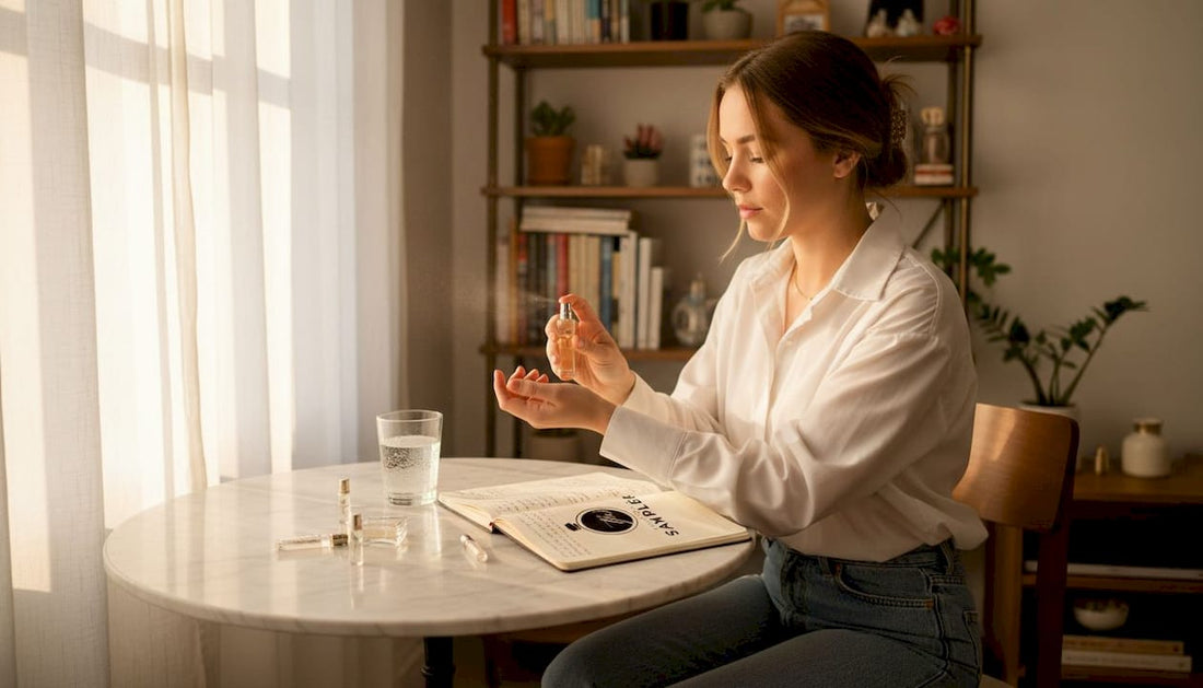 Woman sampling travel size perfumes at home