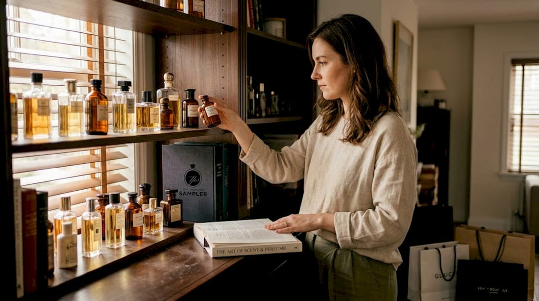 Woman examining perfume bottle at home shelf