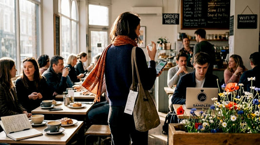 Woman leaving perfume scent trail in cafe