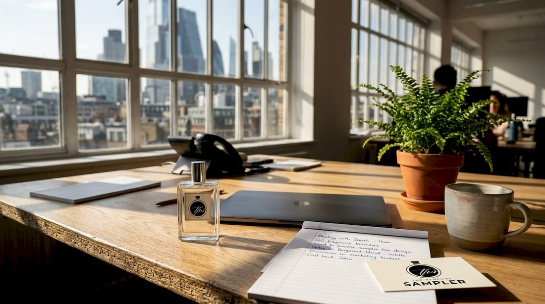 Perfume bottle on busy office desk