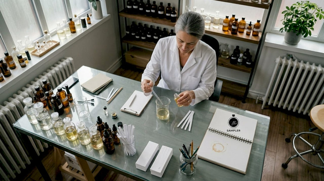 Perfumer blending scents in scent studio