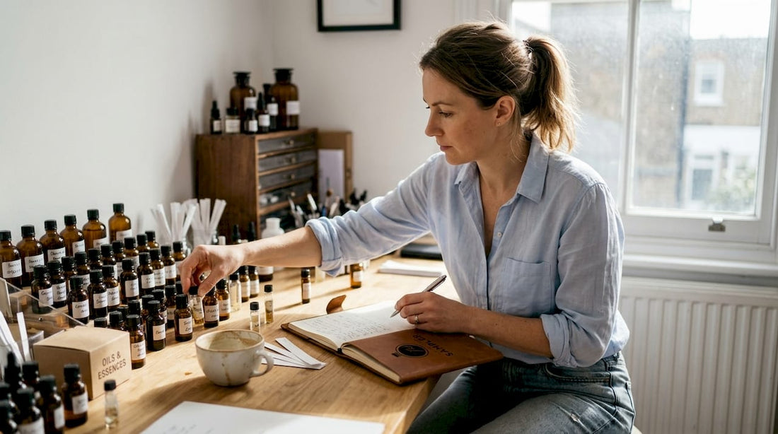 Perfumer documenting blends in studio workspace