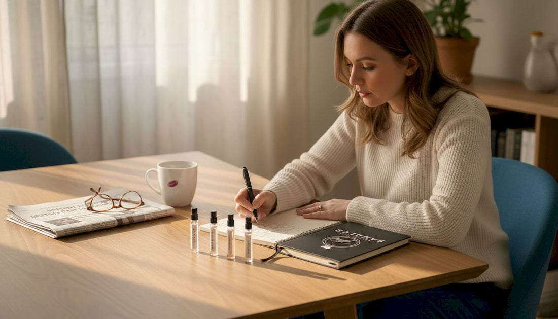 Woman evaluating scent samples at home table