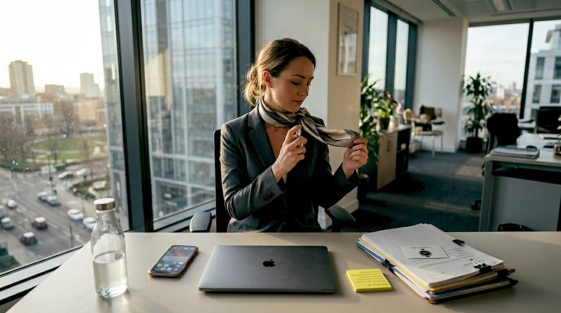 Professional applying fragrance at desk before meeting