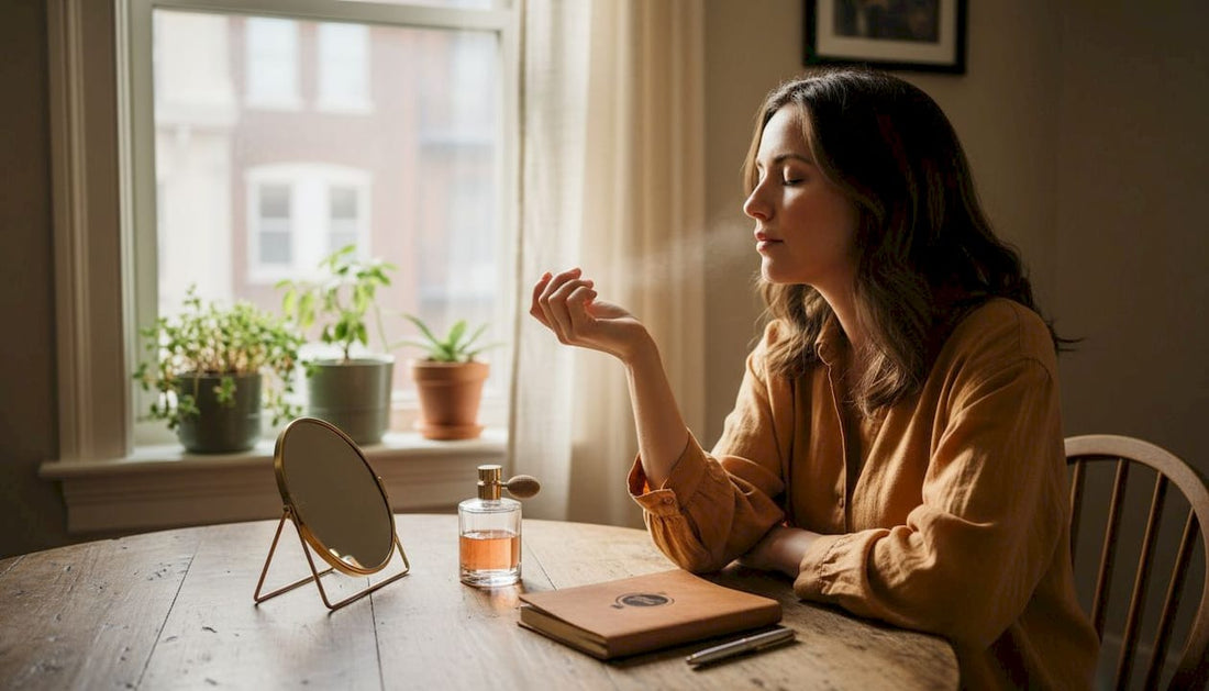 Woman testing perfume on wrist at home
