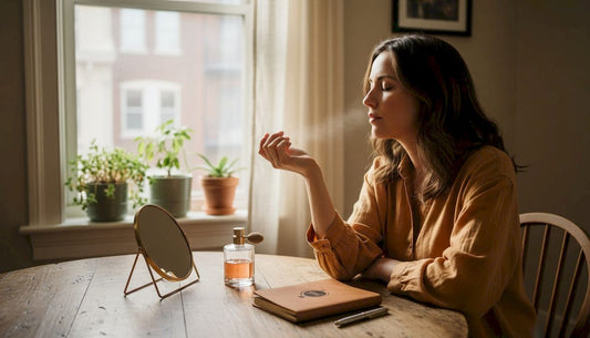 Woman testing perfume on wrist at home