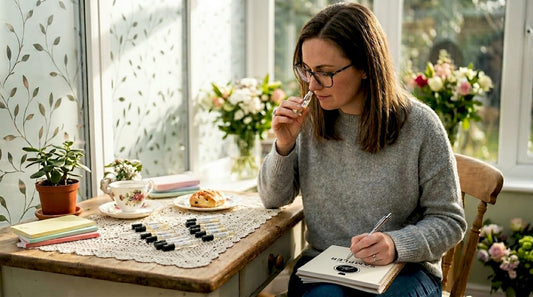 Woman comparing fragrance samples at kitchen table