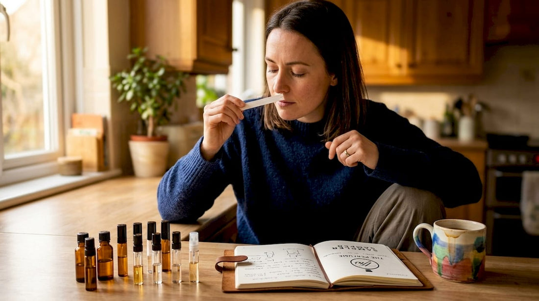 Woman evaluating fragrance at kitchen table