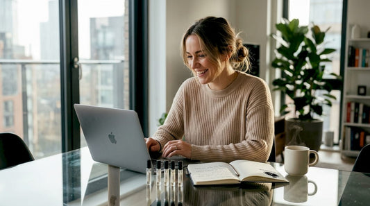 Woman shopping perfume samples at kitchen table