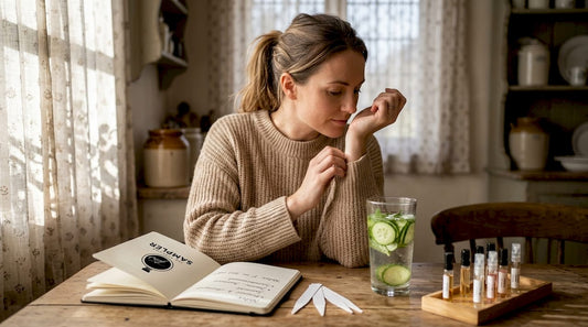 Woman scent testing at kitchen table