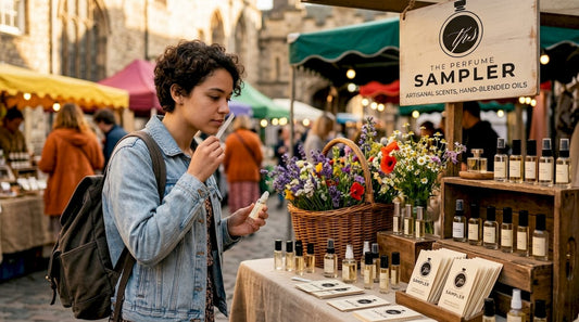 Young person samples perfume at display counter