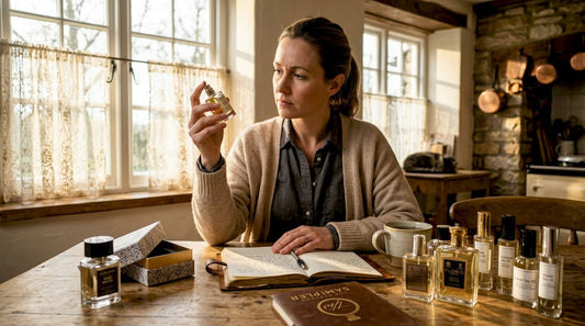 Woman comparing perfume bottles at table