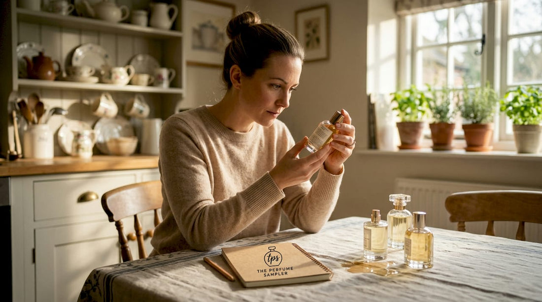 Woman reading fragrance label at home table