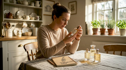 Woman reading fragrance label at home table